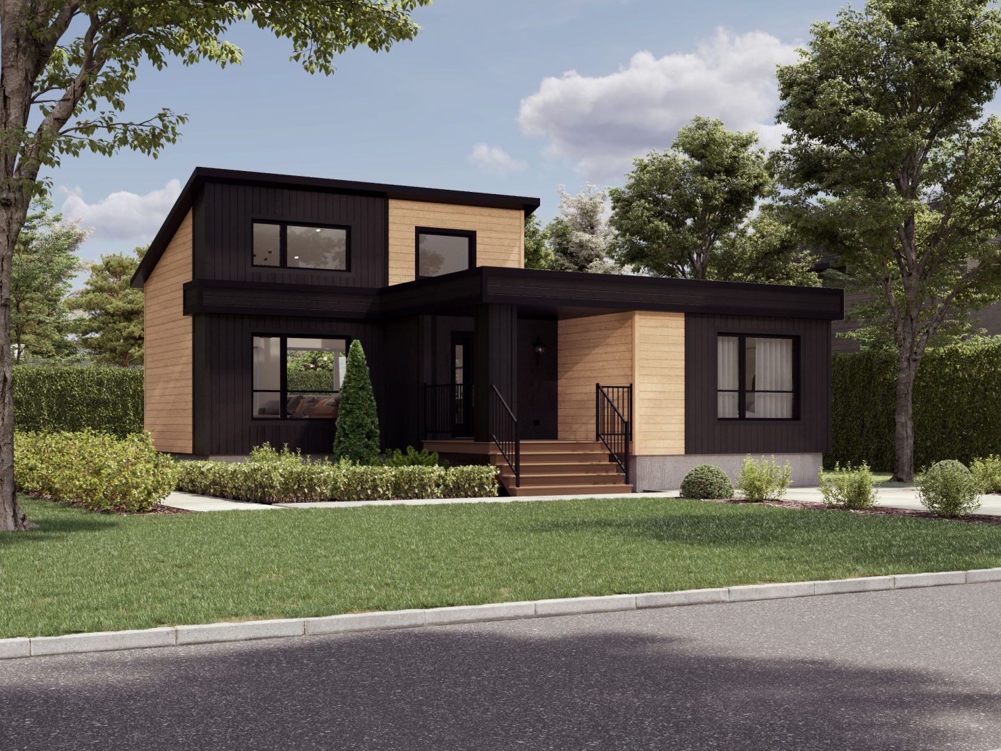 Le modèle St-Laurent est une maison de plain-pied de style Moderne contemporain. Vue de l'extérieur avant.