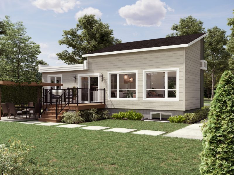 Le modèle St-Laurent est une maison de plain-pied de style Moderne contemporain. Vue de l'extérieur arrière.