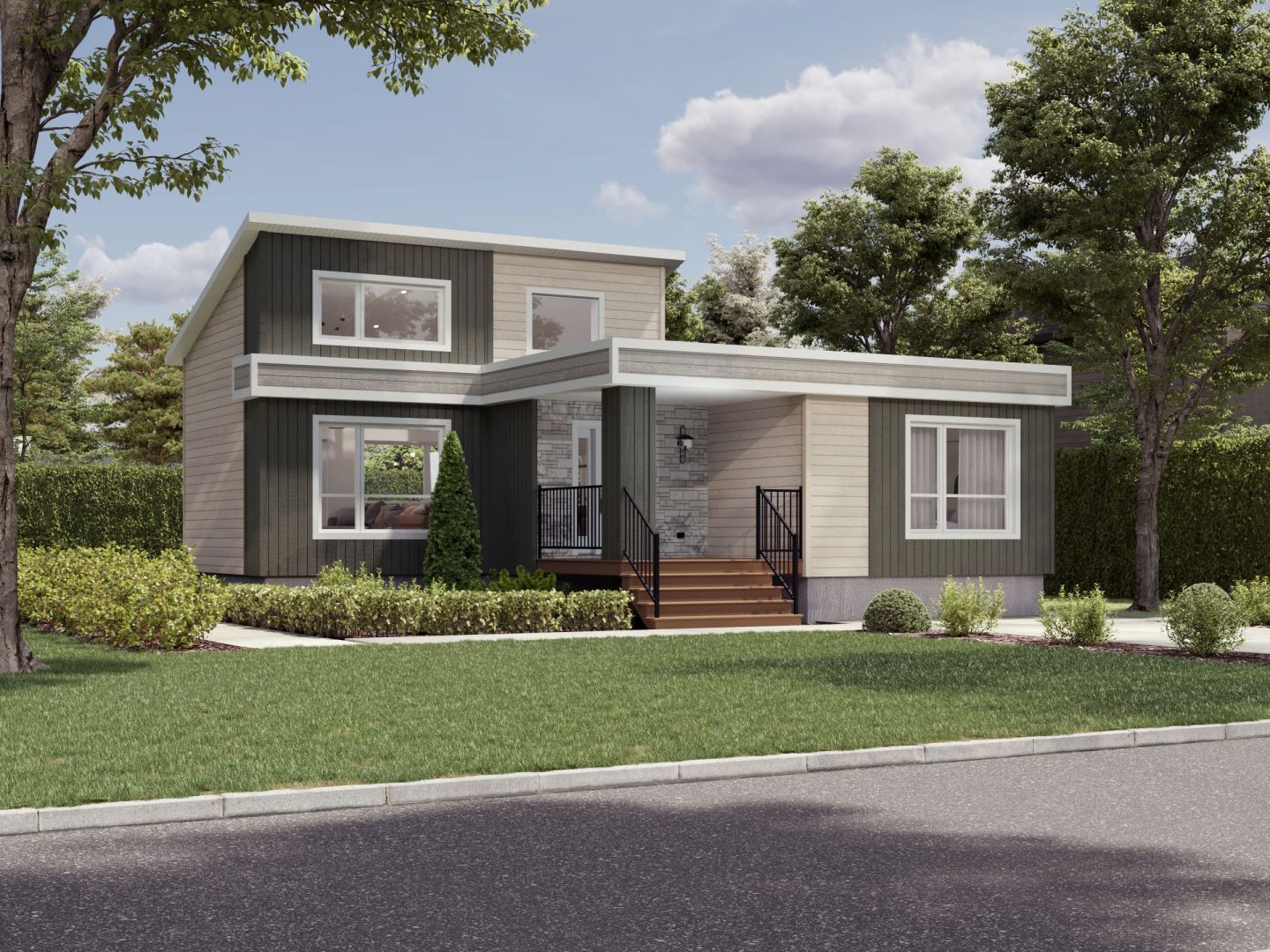 Le modèle St-Laurent est une maison de plain-pied de style Moderne contemporain. Vue de l'extérieur avant.