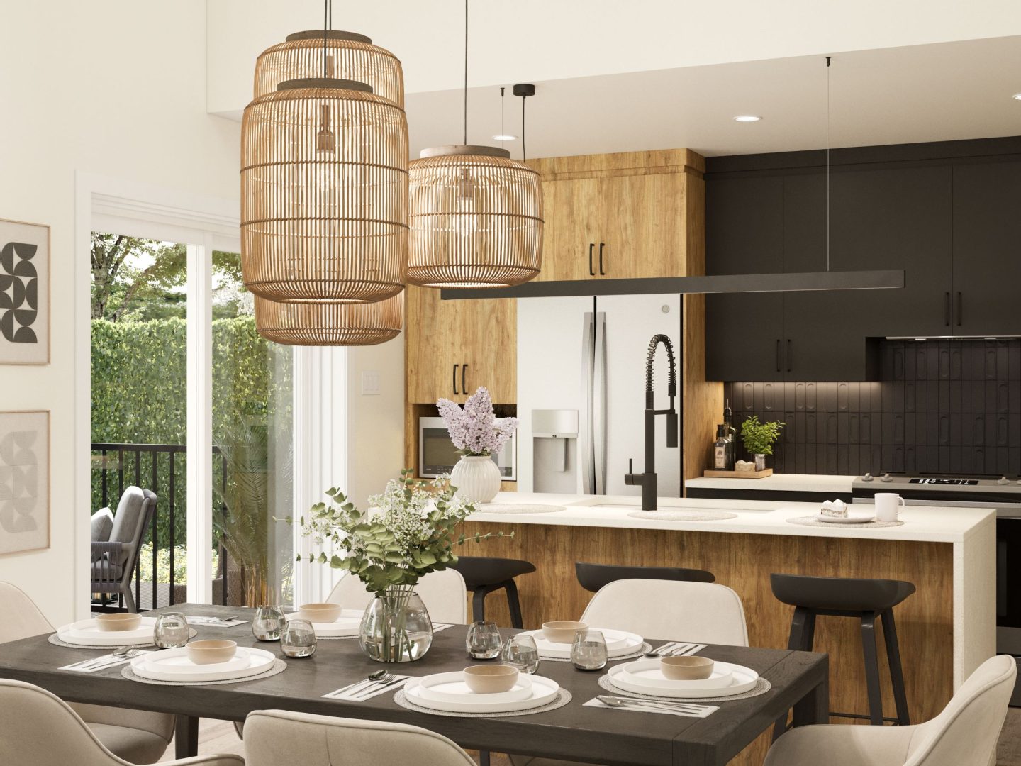 Le modèle St-Laurent est une maison de plain-pied de style Moderne contemporain. Vue de la salle à manger.