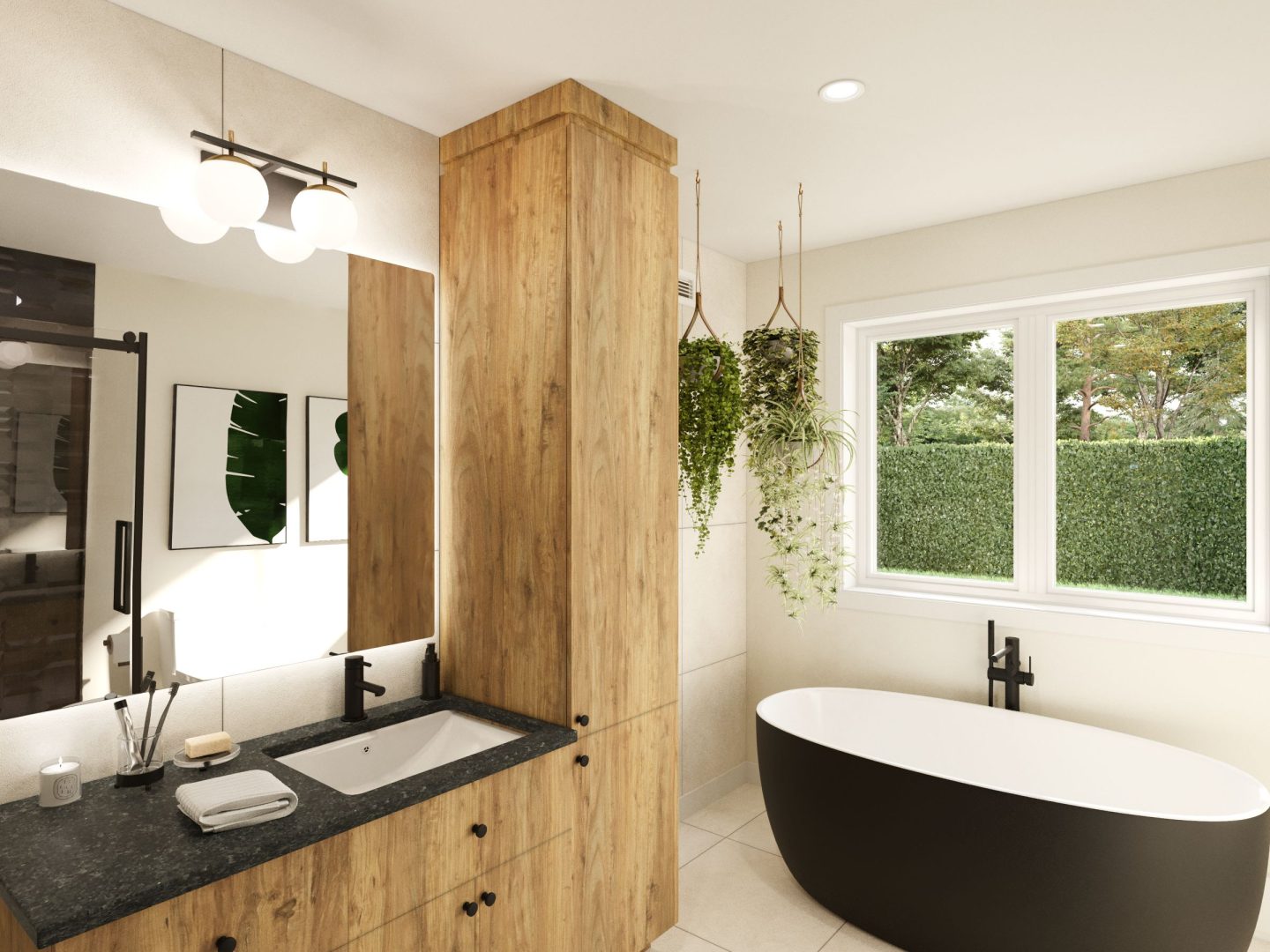 Le modèle St-Laurent est une maison de plain-pied de style Moderne contemporain. Vue de la salle de bain.