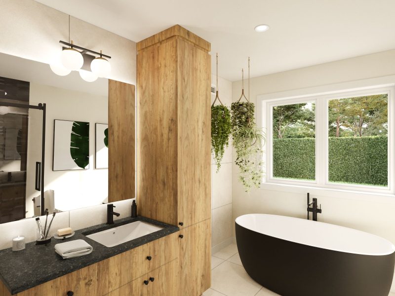 Le modèle St-Laurent est une maison de plain-pied de style Moderne contemporain. Vue de la salle de bain.