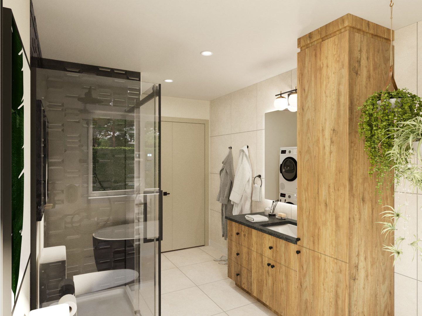 Le modèle St-Laurent est une maison de plain-pied de style Moderne contemporain. Vue de la salle de bain.