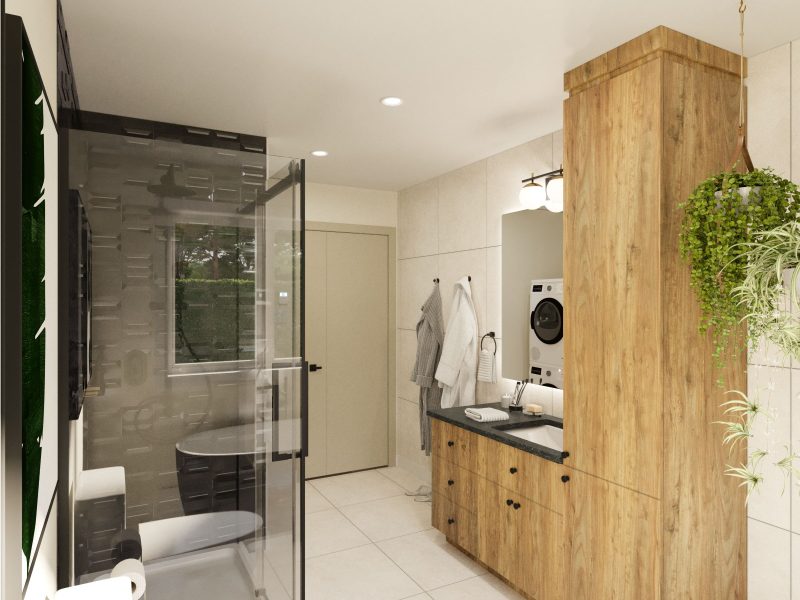 Le modèle St-Laurent est une maison de plain-pied de style Moderne contemporain. Vue de la salle de bain.