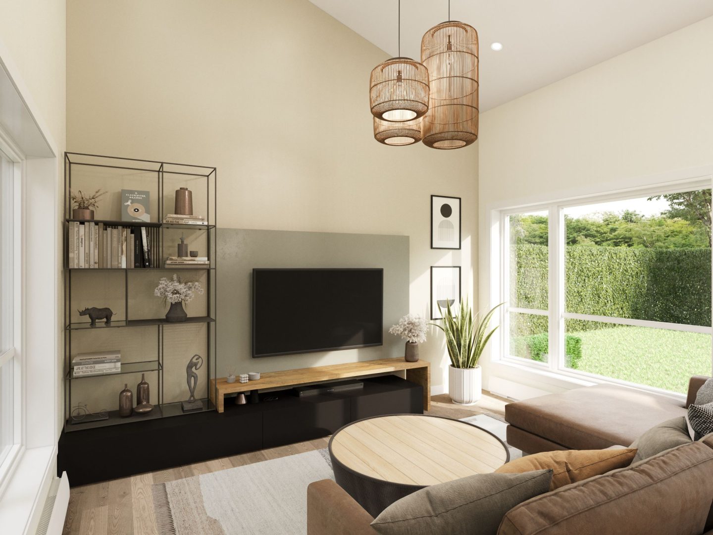 Le modèle St-Laurent est une maison de plain-pied de style Moderne contemporain. Vue du salon.