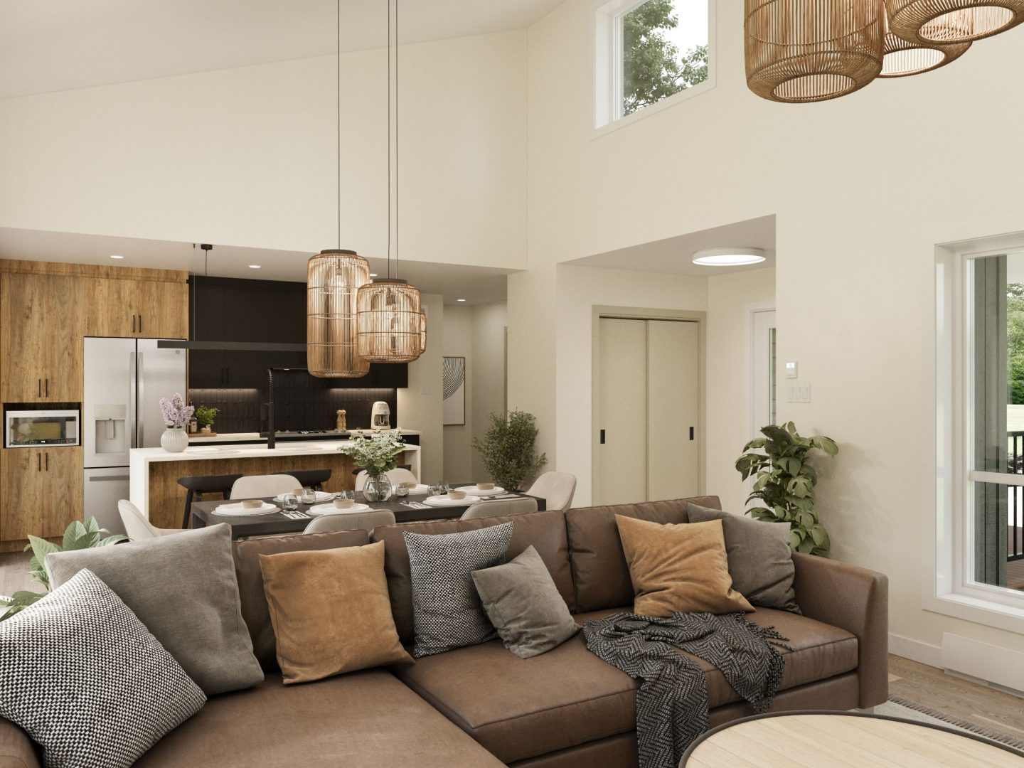 Le modèle St-Laurent est une maison de plain-pied de style Moderne contemporain. Vue du salon.