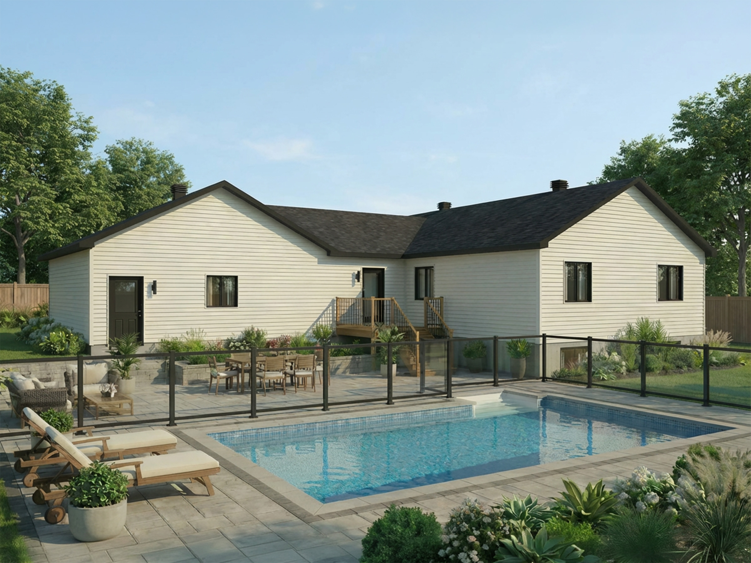 Modèle Windsor est une maison plain-pied de style contemporain. Vue de l'extérieur arriere.