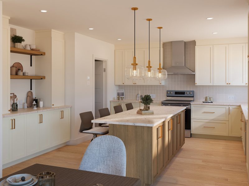 Modèle de maison à pallier Zénith est de style contemporain. Vu de la cuisine.