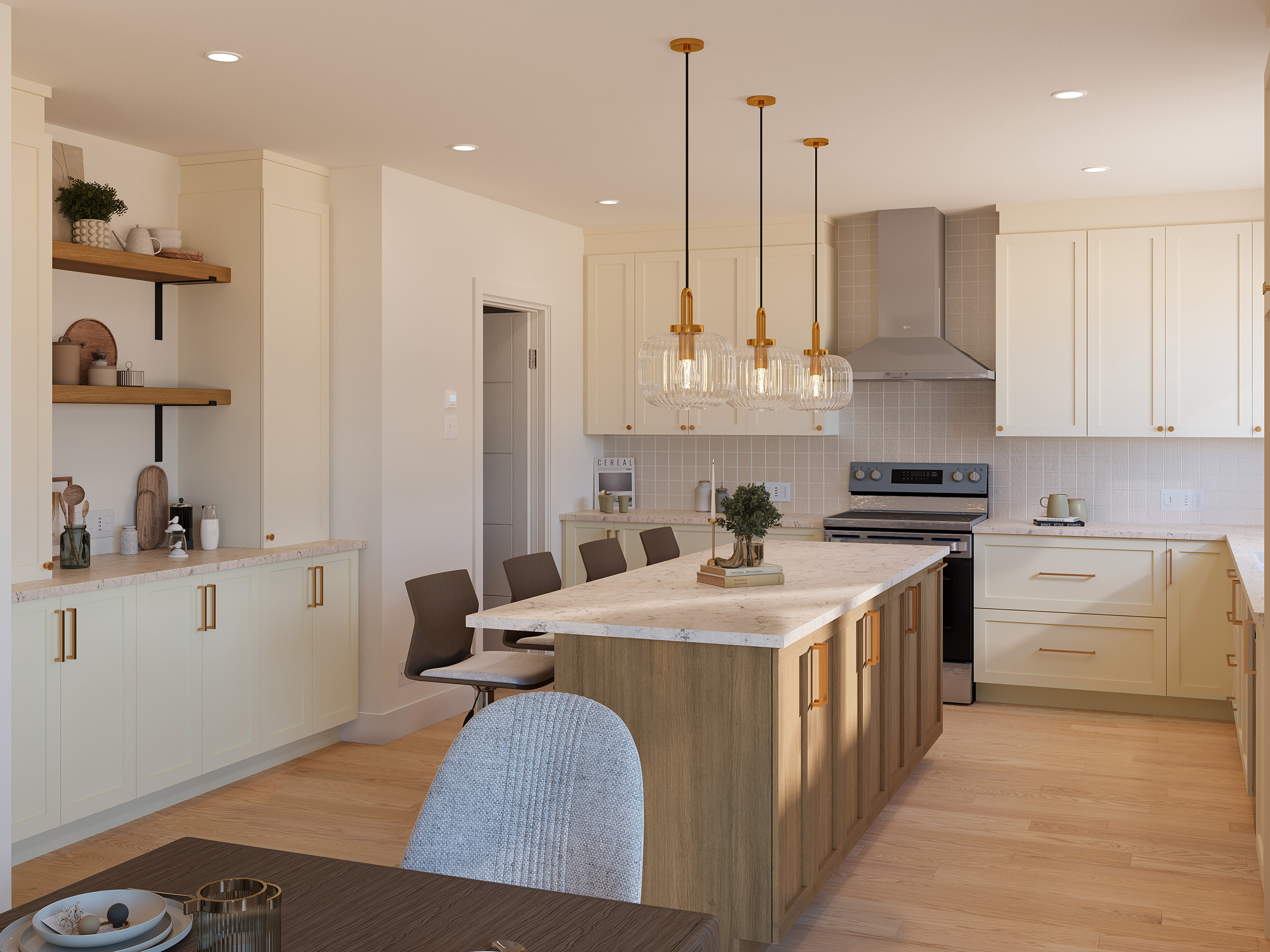 Modèle de maison à pallier Zénith est de style contemporain. Vu de la cuisine.