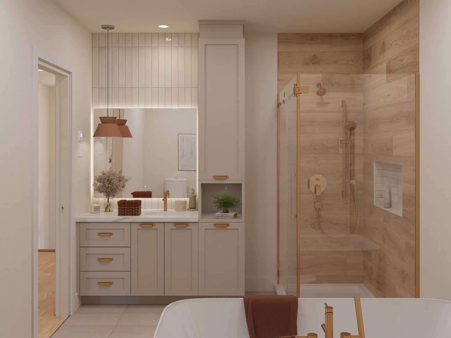 Modèle de maison à pallier Zénith est de style contemporain. Vu de la salle de bain.