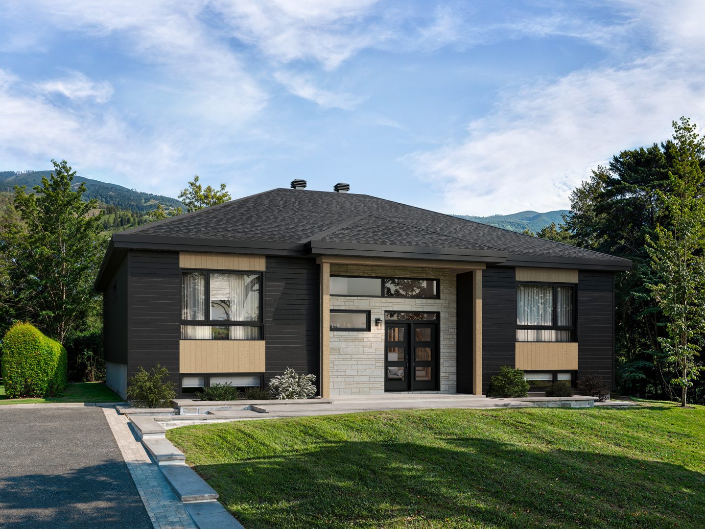Modèle de maison à pallier Zénith est de style contemporain. Vu de l'exterieur.