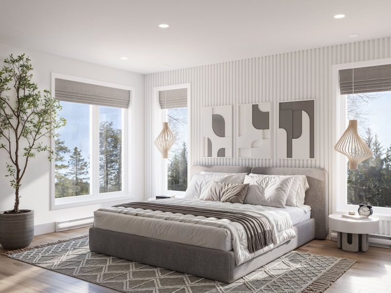 Le modèle Avesta est une maison de  deux étages de style scandinave contemporain. Vue de la chambre.