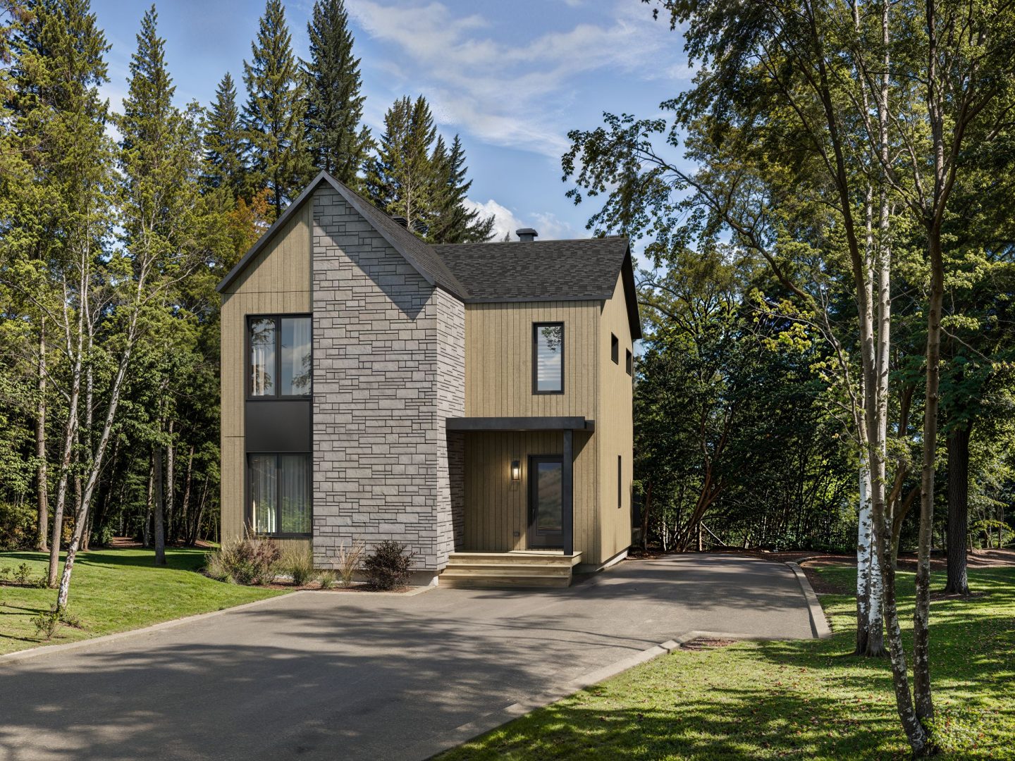 Le modèle Avesta est une maison de  deux étages de style scandinave contemporain. Vue de l'extérieur.