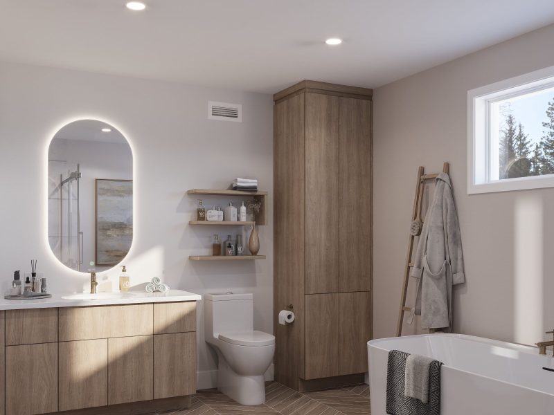 Le modèle Avesta est une maison de  deux étages de style scandinave contemporain. Vue de la salle de bain.