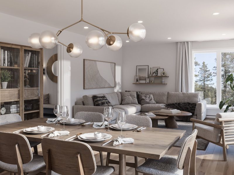 Le modèle Avesta est une maison de  deux étages de style scandinave contemporain. Vue du salon.