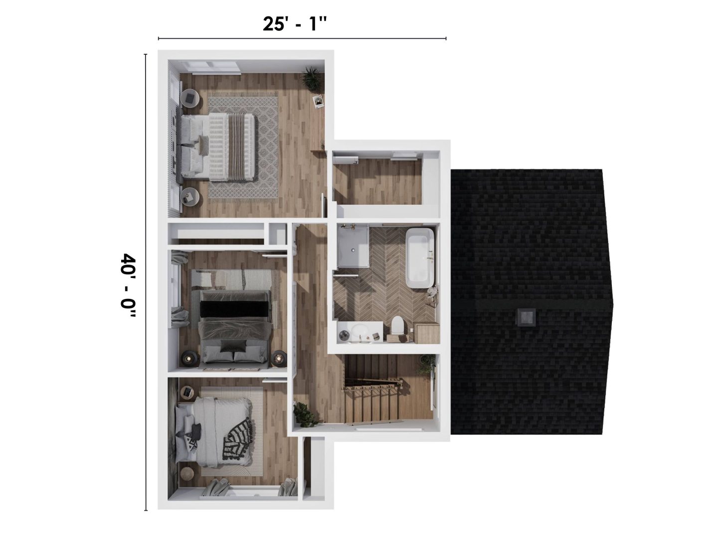 Le modèle Avesta est une maison de deux étages de style scandinave contemporain. Vue du plan 3D.