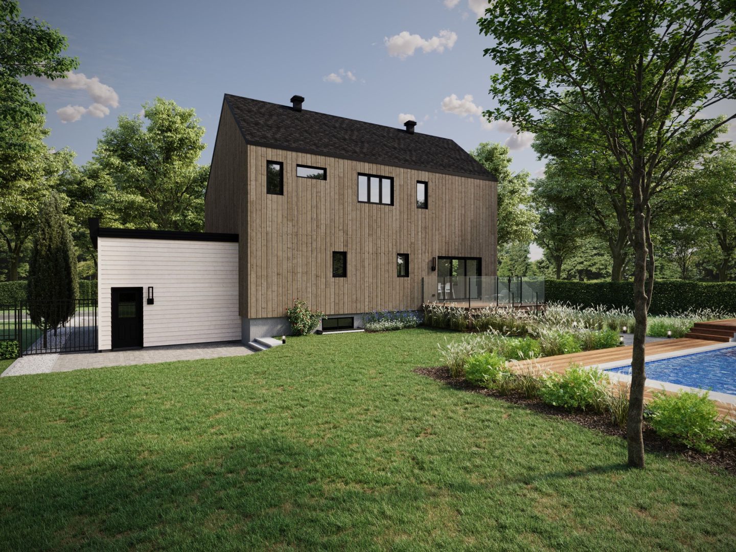 Le modèle Luvia est une maison plain-pied de style scandinave moderne. Vue de l'extérieur.