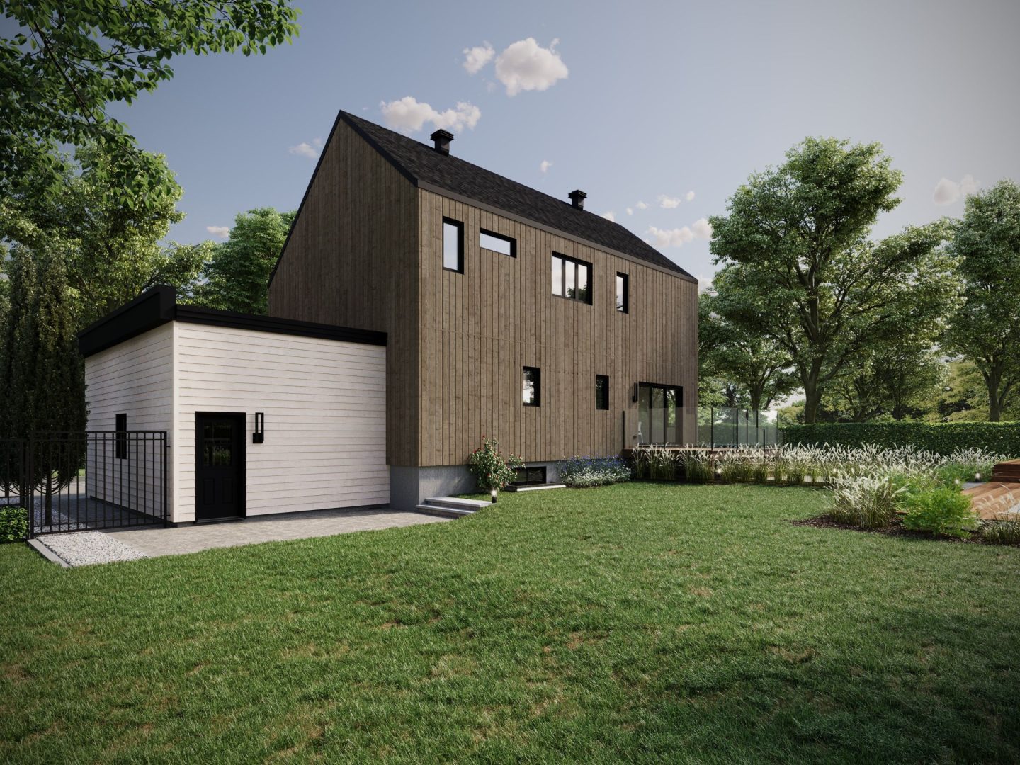 Le modèle Luvia est une maison plain-pied de style scandinave moderne. Vue de l'extérieur arrière.