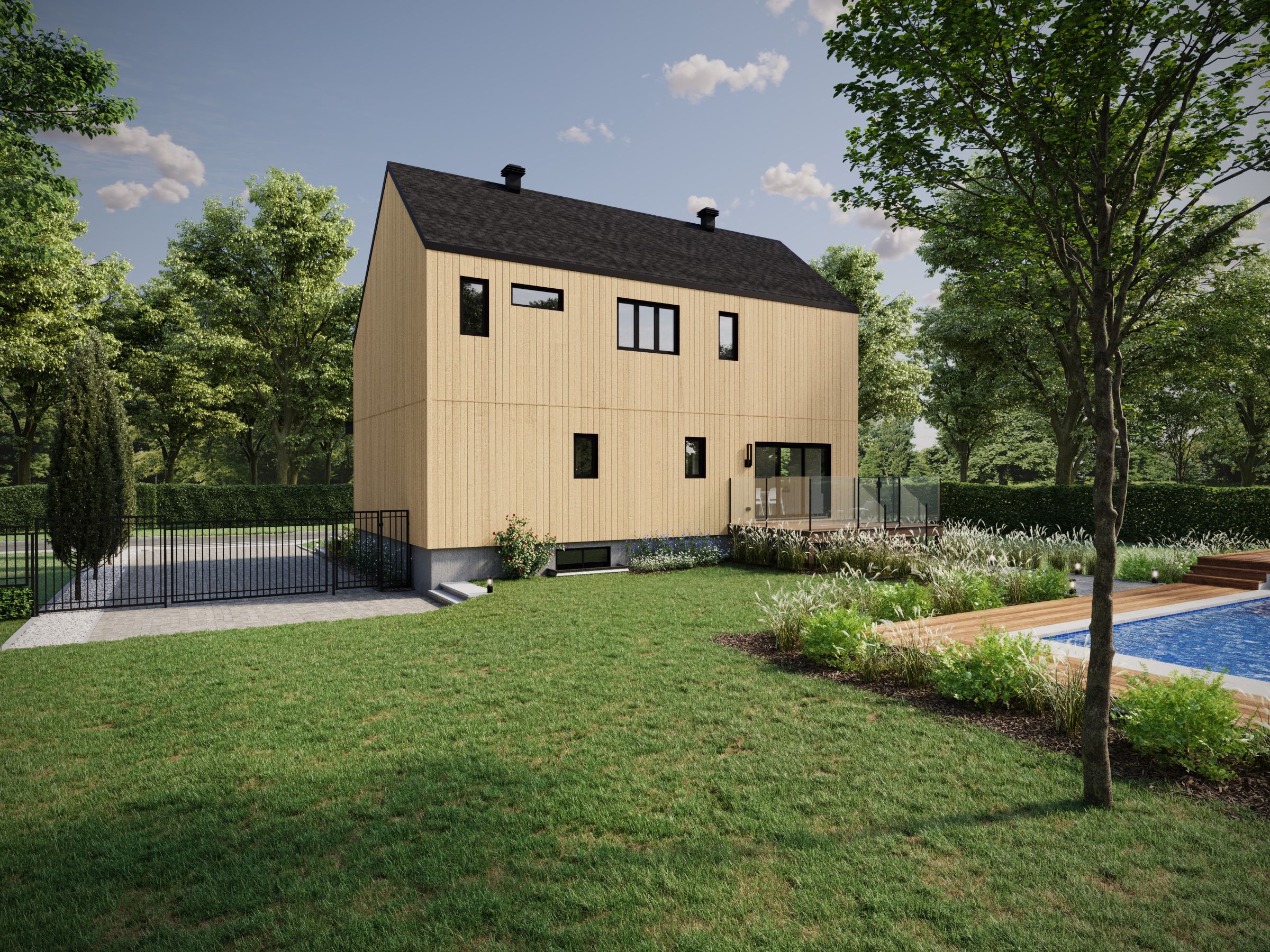 Le modèle Luvia est une maison plain-pied de style scandinave moderne. Vue de l'extérieur arrière.