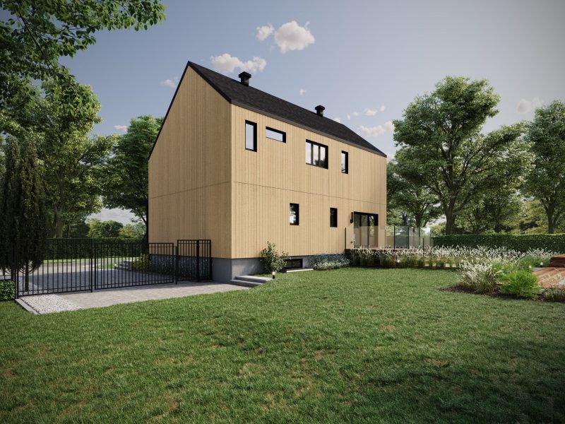 Le modèle Luvia est une maison plain-pied de style scandinave moderne. Vue de l'extérieur arrière.