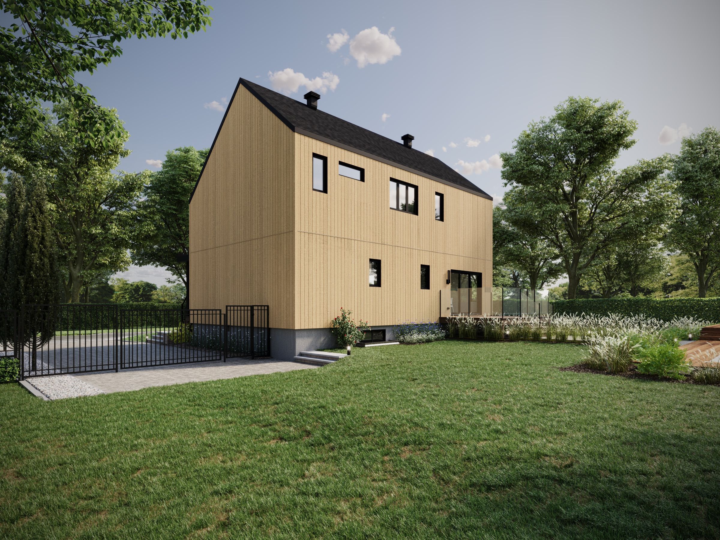 Le modèle Luvia est une maison plain-pied de style scandinave moderne. Vue de l'extérieur arrière.