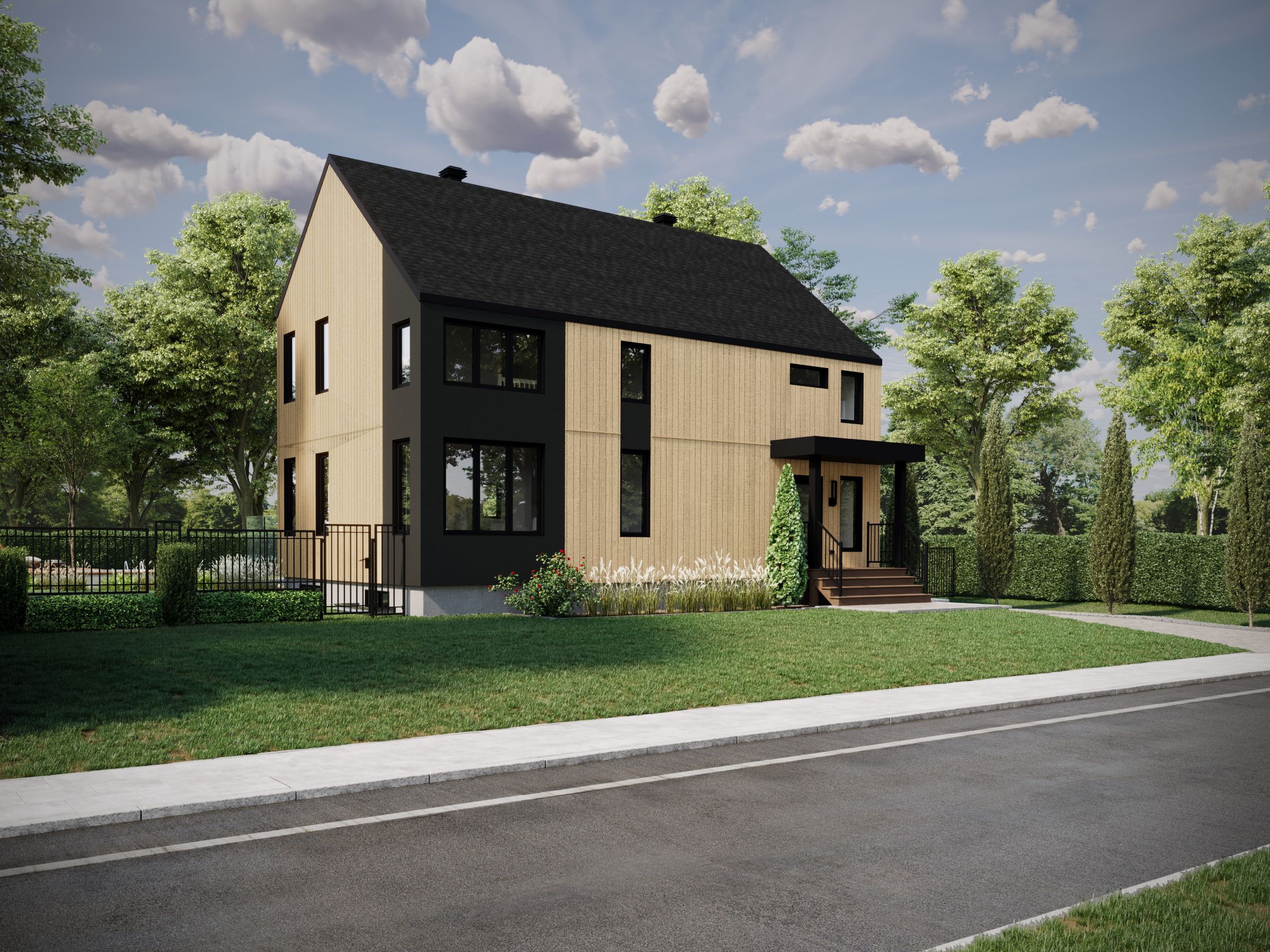 Le modèle Luvia est une maison plain-pied de style scandinave moderne. Vue de l'extérieur.