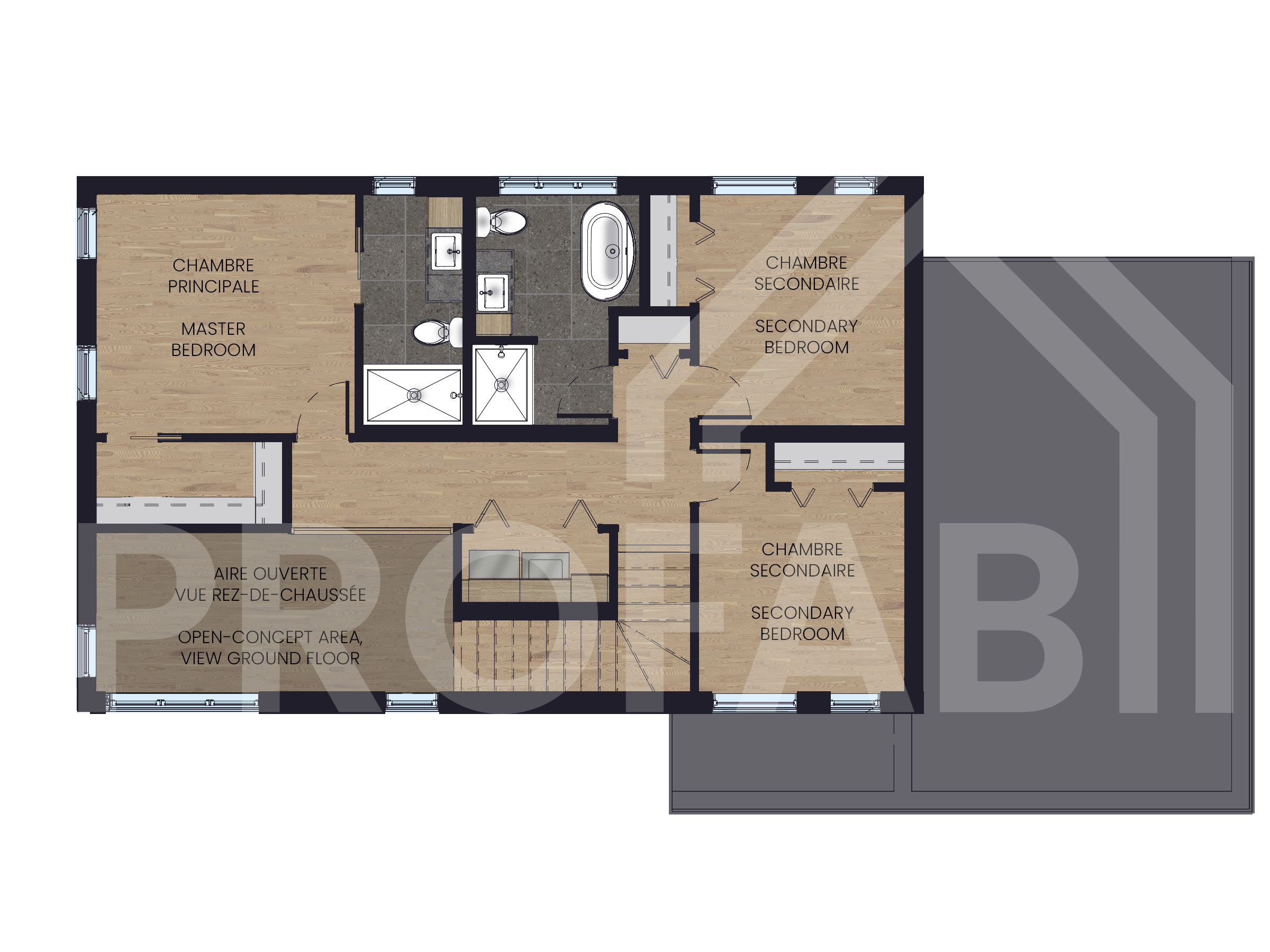 Le modèle Luvia est une maison de deux étages de style scandinave moderne. Vue du plan 3d.