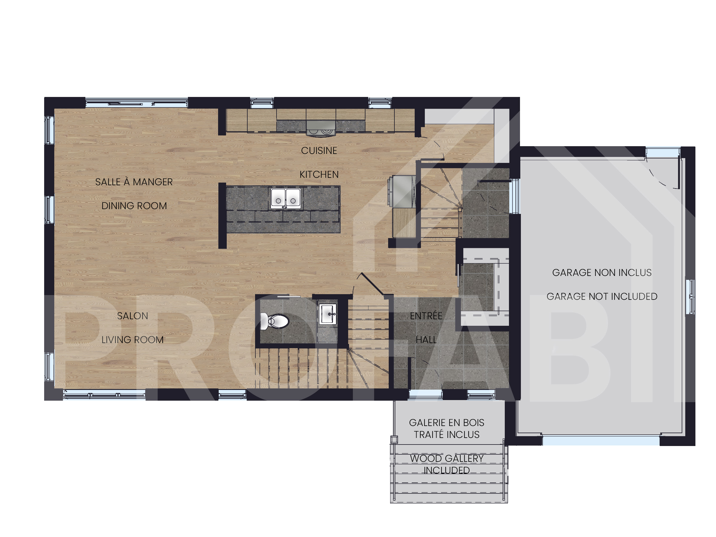 Le modèle Luvia est une maison de deux étages de style scandinave moderne. Vue du plan 3d.