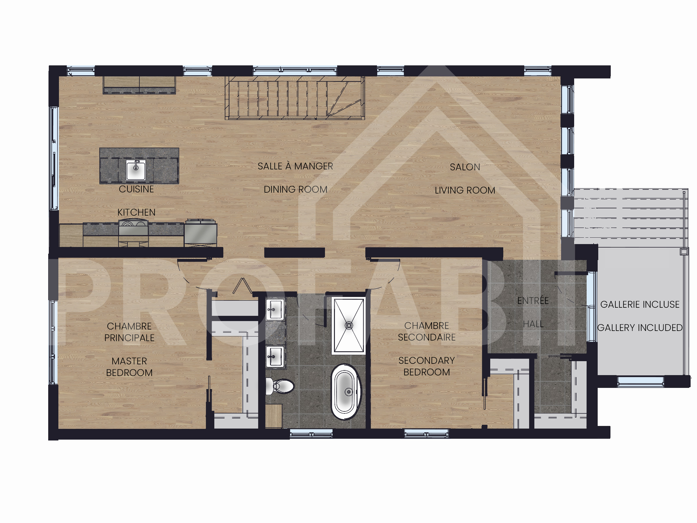 Le modèle Skara est une maison plain-pied de style scandinave moderne. Vue du plan 2D