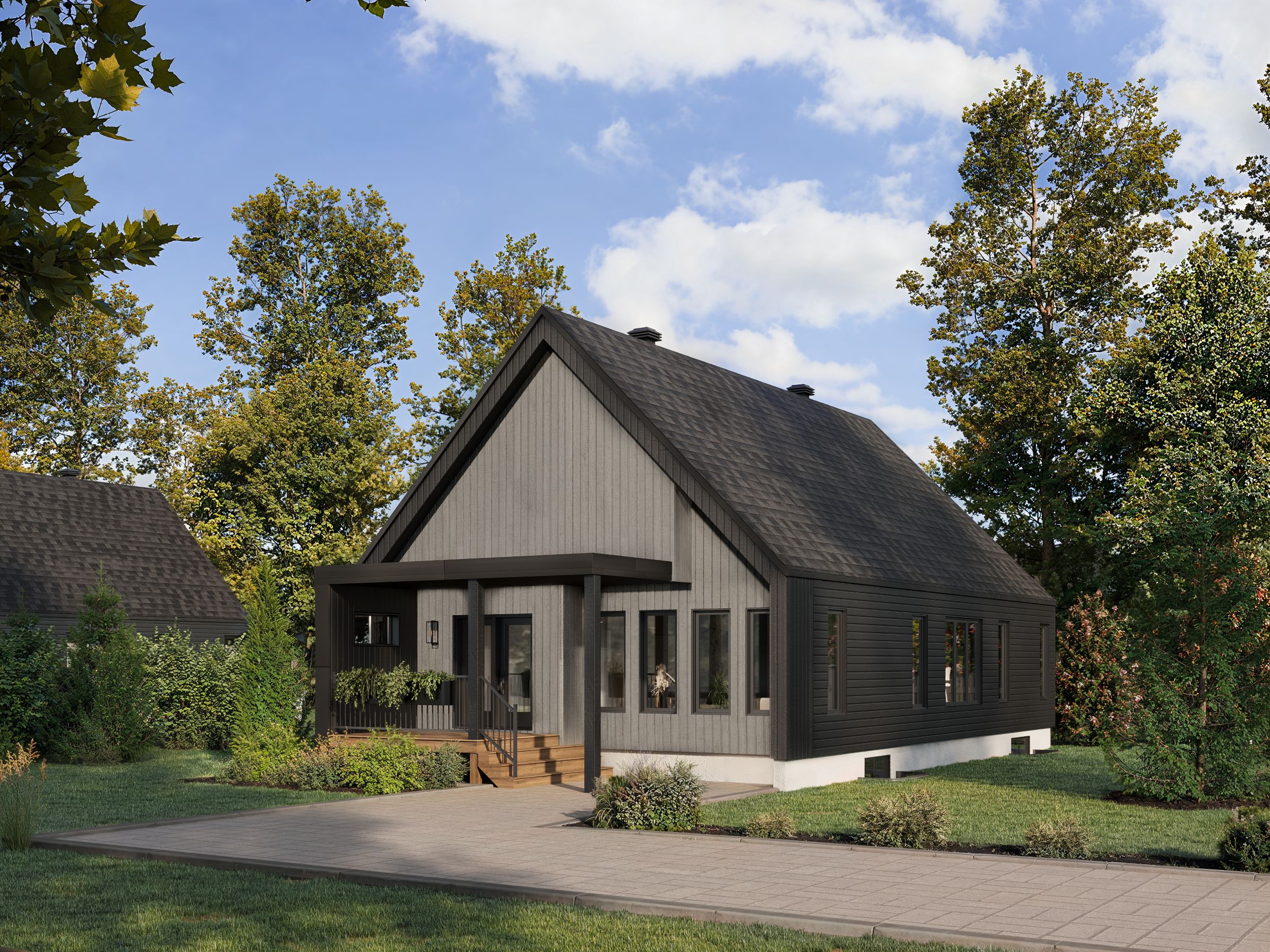 Le modèle Skra est une maison plain-pied de style scandinave moderne. Vue de l'extérieur.