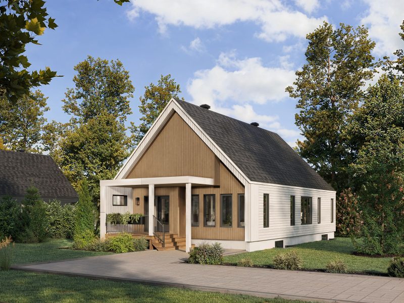 Le modèle Skra est une maison plain-pied de style scandinave moderne. Vue de l'extérieur.