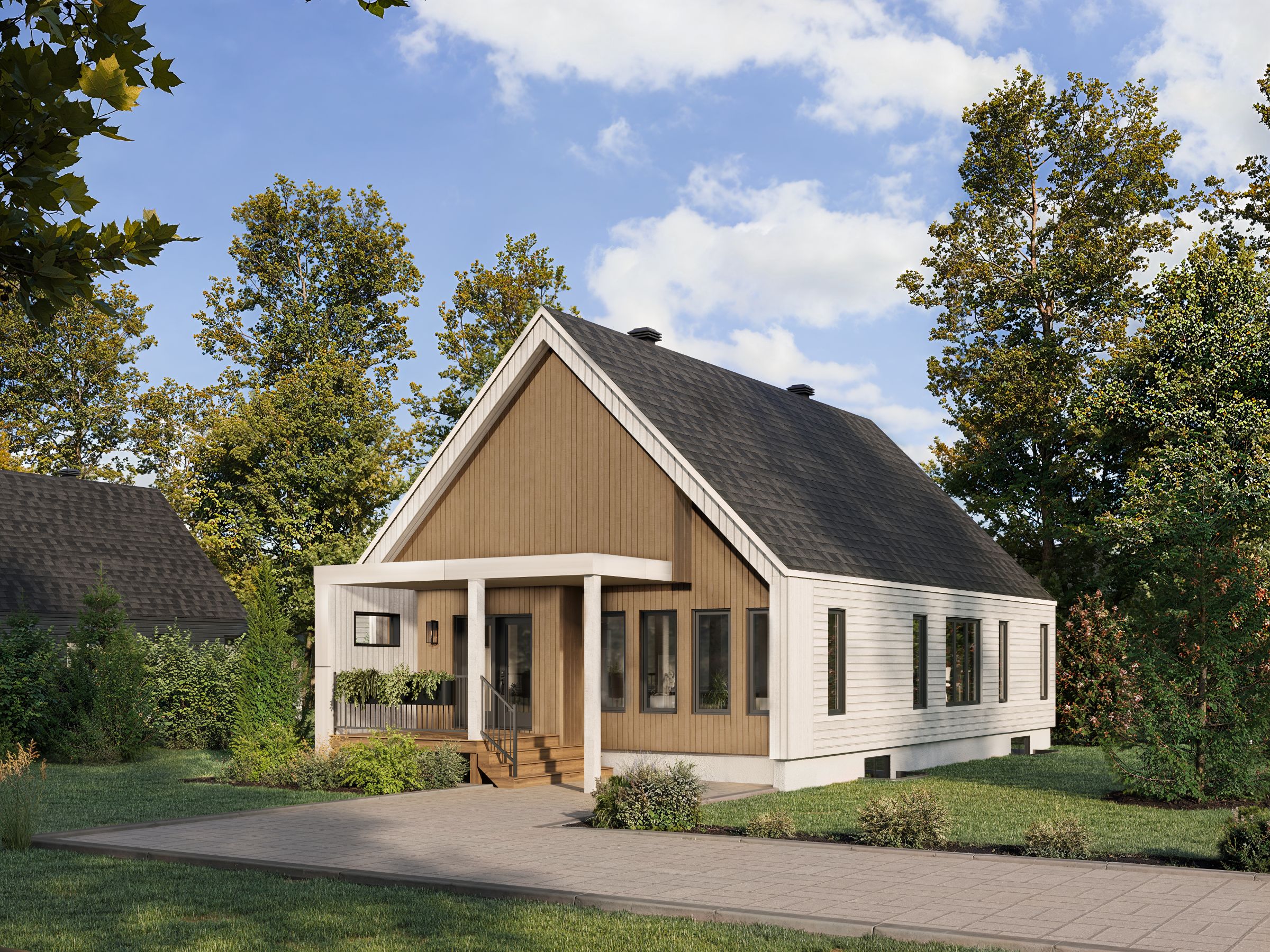 Le modèle Skra est une maison plain-pied de style scandinave moderne. Vue de l'extérieur.