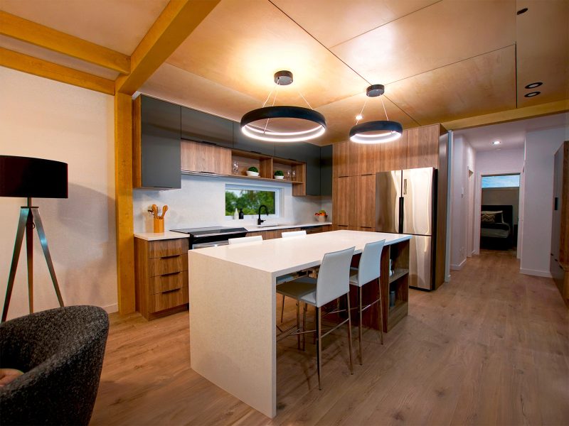 Réalisation du modèle Pigna. Maison située a Mirabel , micro-habitation contemporaine issue de la collection unimodulaire. Vue de la cuisine.