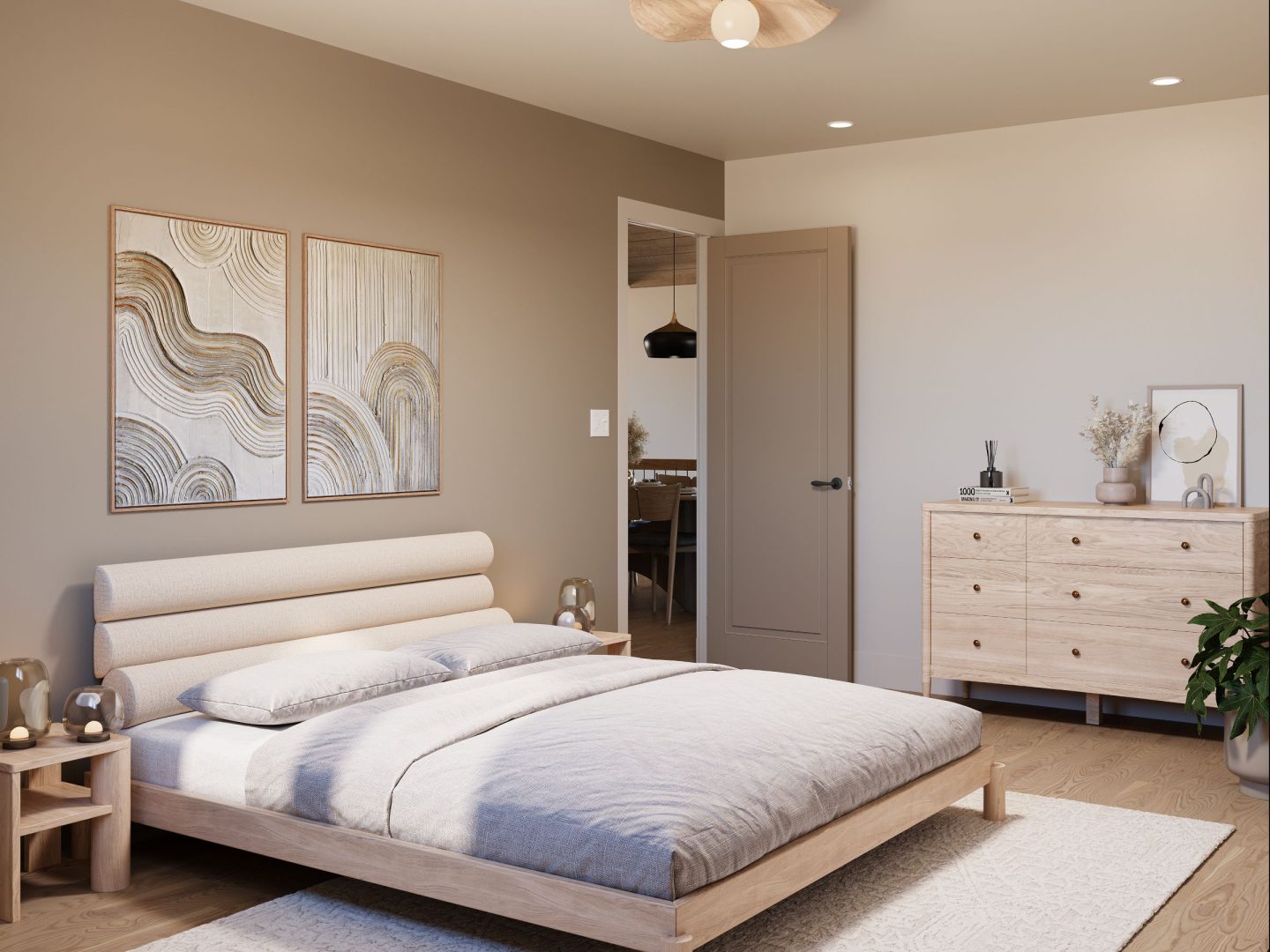 Le modèle Skra est une maison plain-pied de style scandinave moderne. Vue de la chambre.