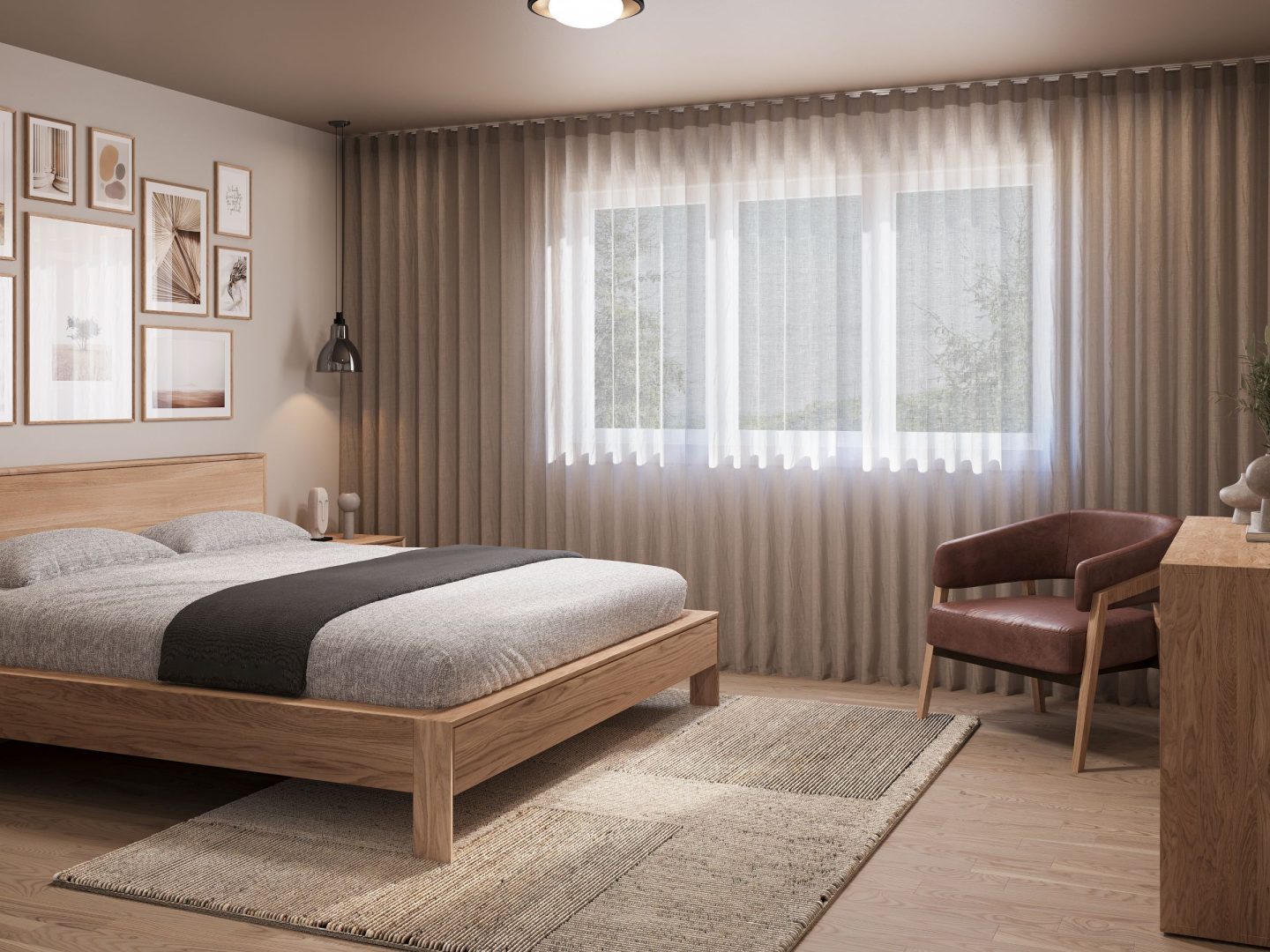 Le modèle Skra est une maison plain-pied de style scandinave moderne. Vue de la chambre des maîtres.