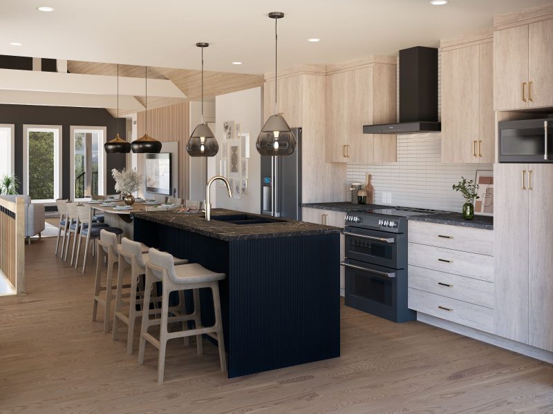 Le modèle Skra est une maison plain-pied de style scandinave moderne. Vue de la cuisine.