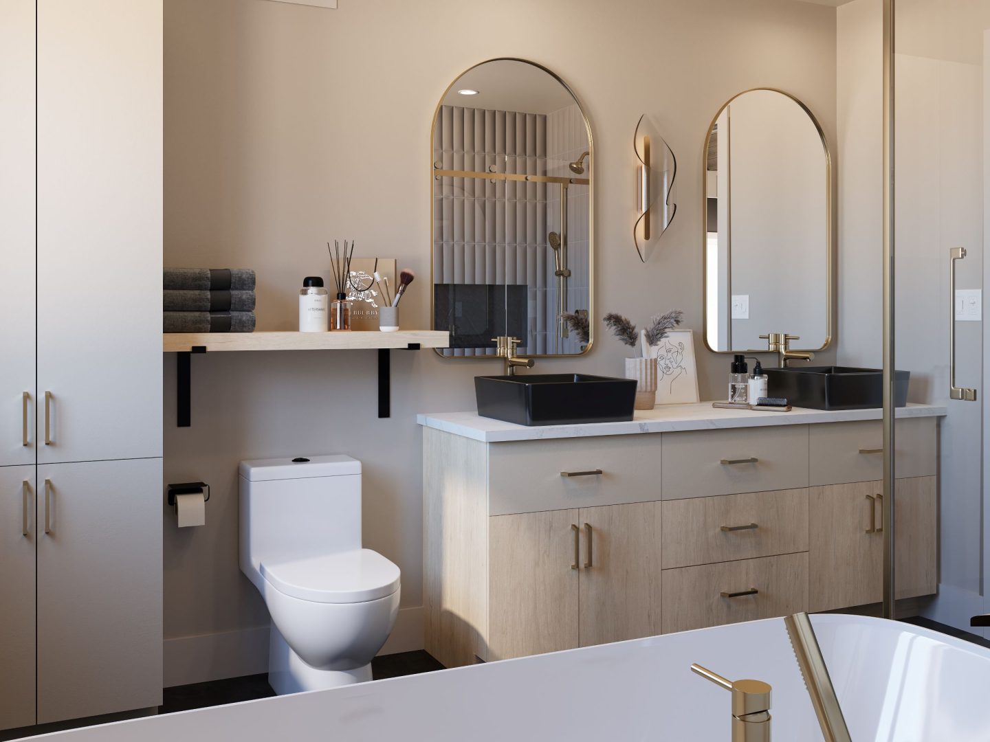 Le modèle Skara est une maison plain-pied de style scandinave moderne. Vue de la salle de bain.