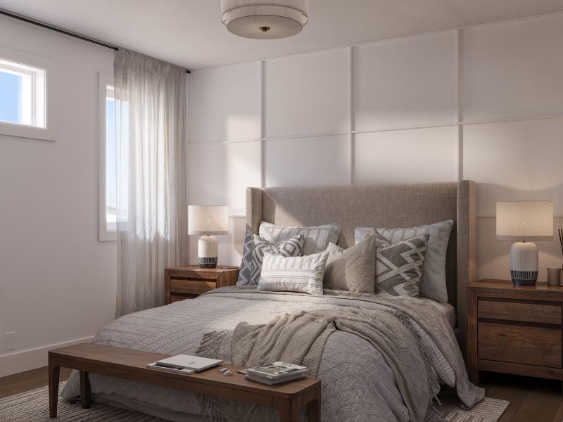 Le modèle Luvia est une maison plain-pied de style scandinave moderne. Vue de la chambre des maîtres.