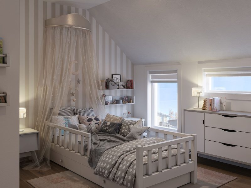 Le modèle Luvia est une maison plain-pied de style scandinave moderne. Vue de la chambre.