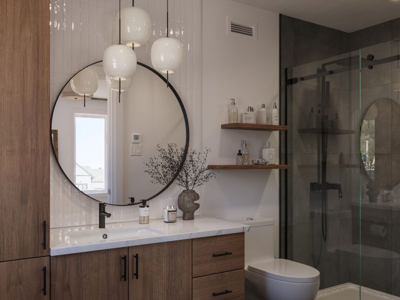 Le modèle Luvia est une maison de deux étages de style scandinave moderne. Vue de la salle de bain.