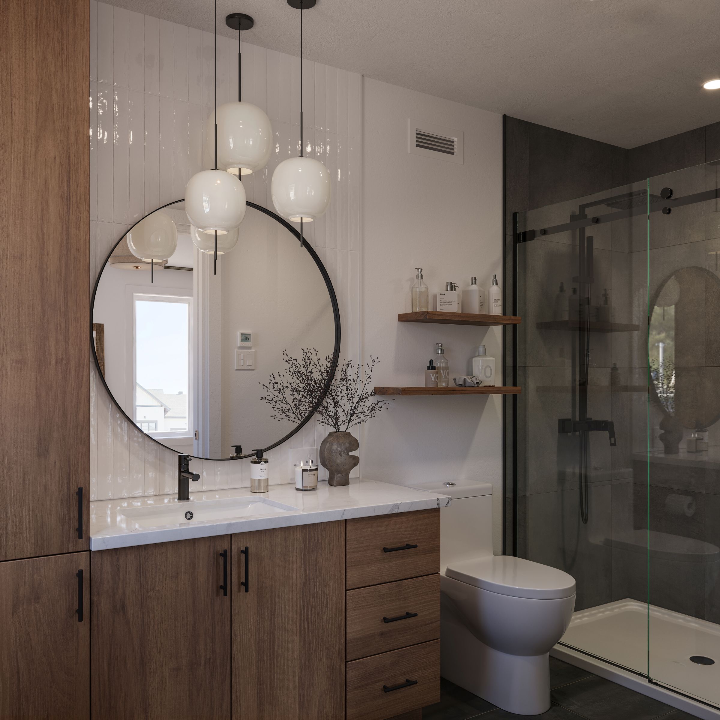 Le modèle Luvia est une maison de deux étages de style scandinave moderne. Vue de la salle de bain.