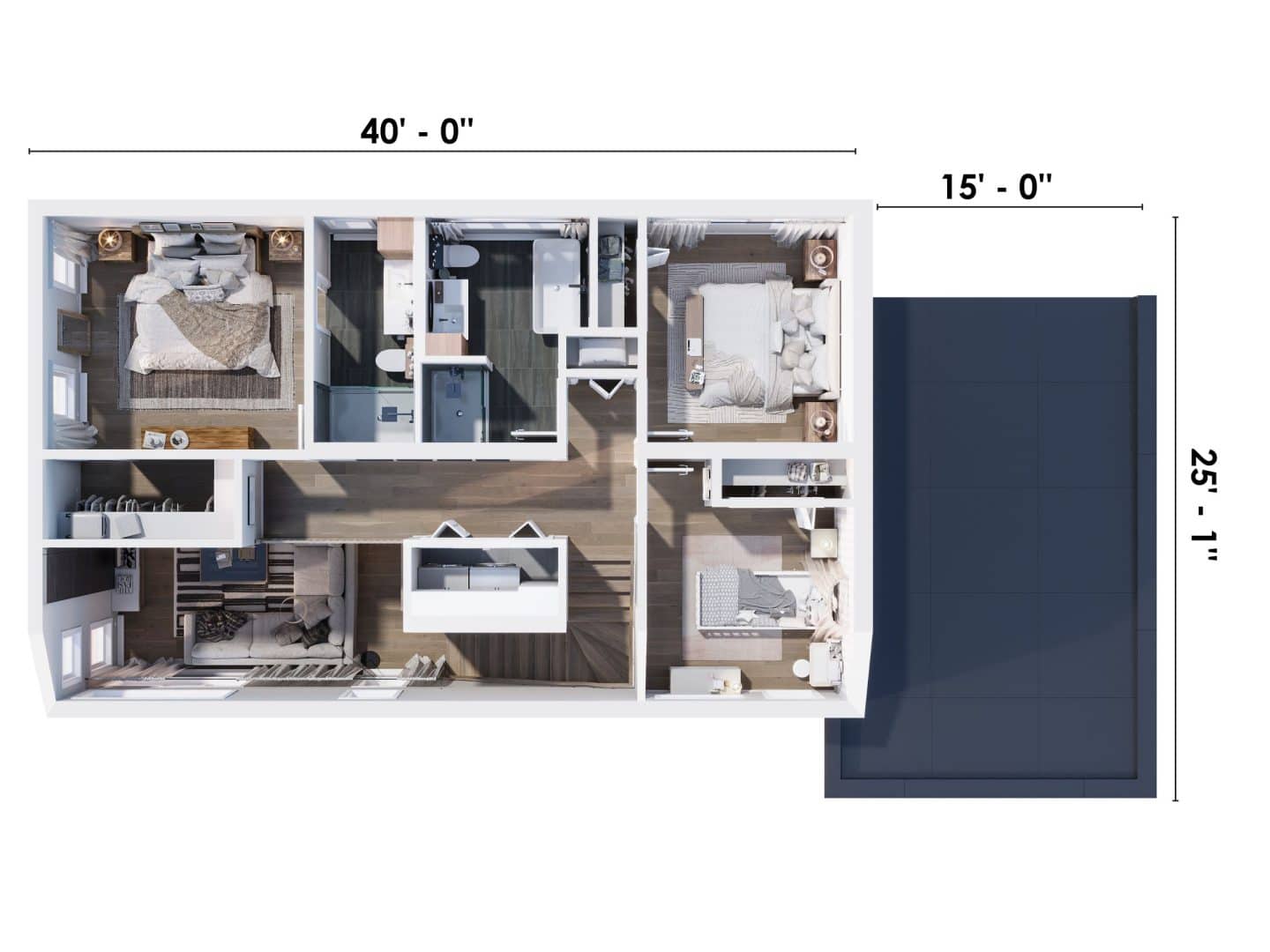 Le modèle Luvia est une maison de deux étages de style scandinave moderne. Vue du plan 3d.