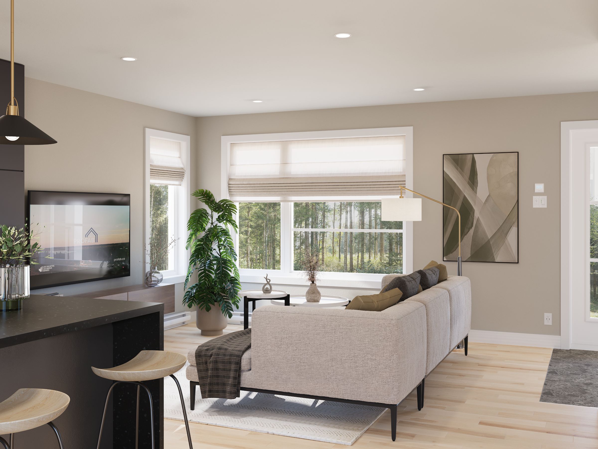 Modèle Brockton, une maison de plain-pied de style contemporain. Vue du salon.