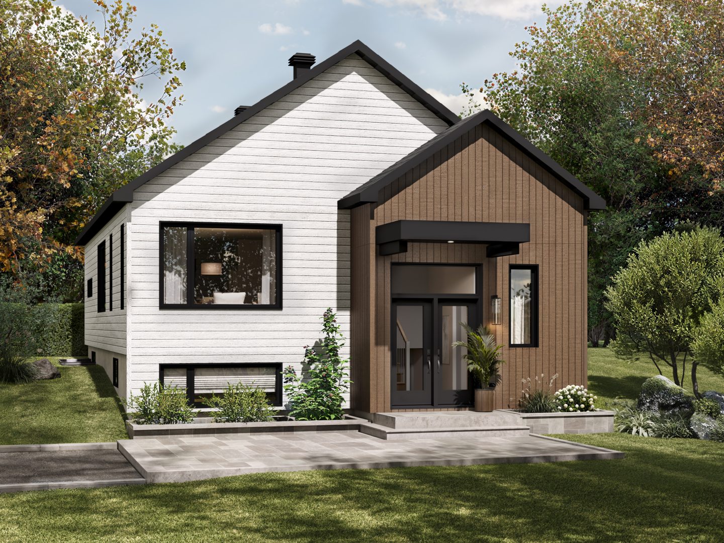 Modèle Cappuccino, une maison à palier de style scandinave. Vue de l'avant.