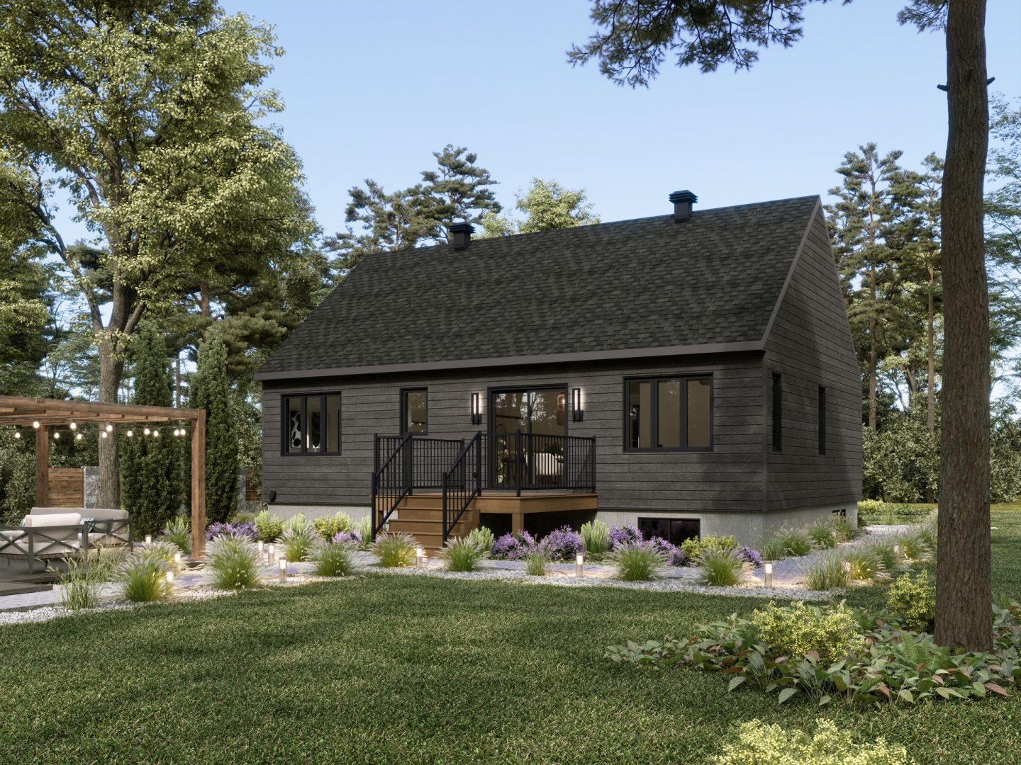 Modèle Askel est une maison plain-pied de style scandinave. Vue de l'avant.