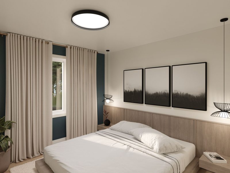 Modèle Belvia est une maison plain-pied de style scandinave. Vue de la chambre des maitres.
