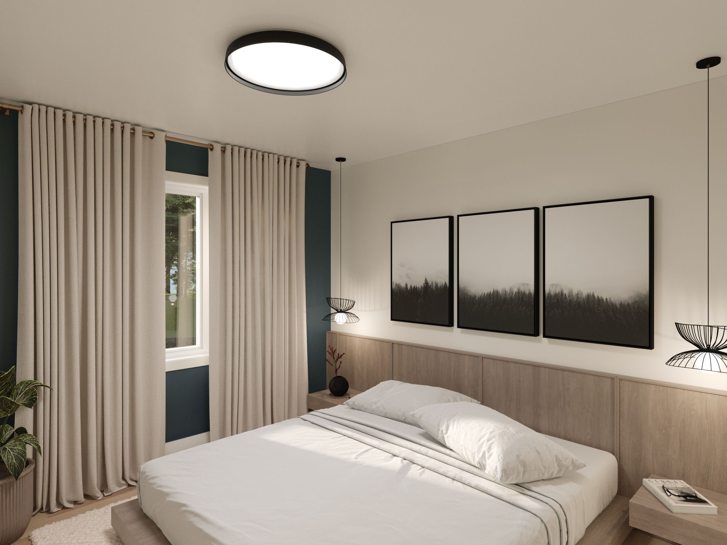 Modèle Belvia est une maison plain-pied de style scandinave. Vue de la chambre des maitres.