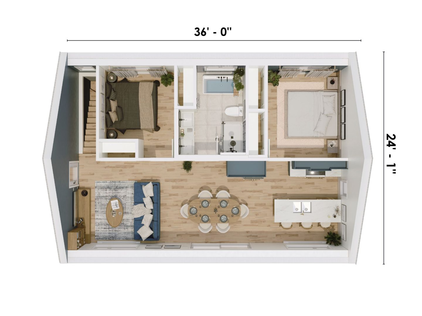 Modèle Belvia est une maison plain-pied de style scandinave. Vue du plan 3D.