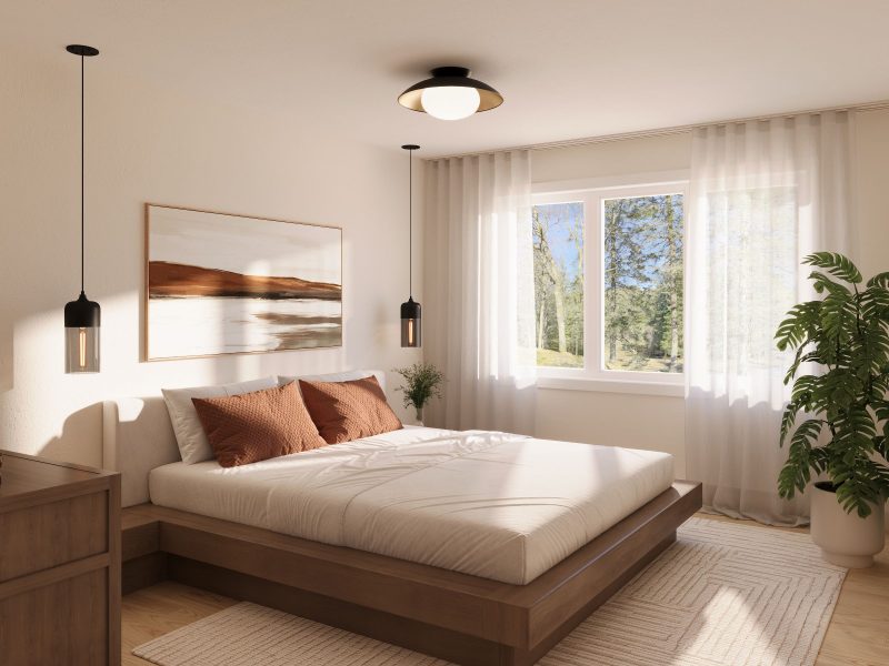Modèle Askel est une maison plain-pied de style scandinave. Vue de la chambre.
