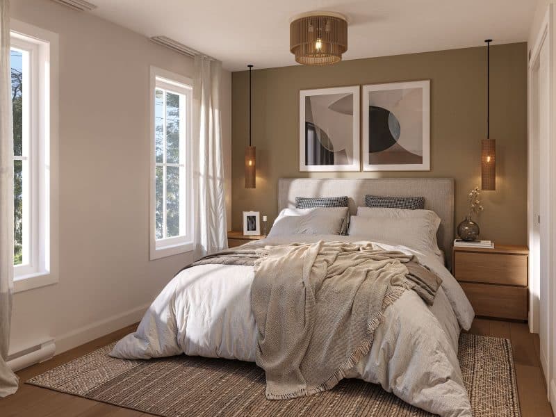 Modèle Elora est une maison à étage de style farmhouse. Vue de la chambre.